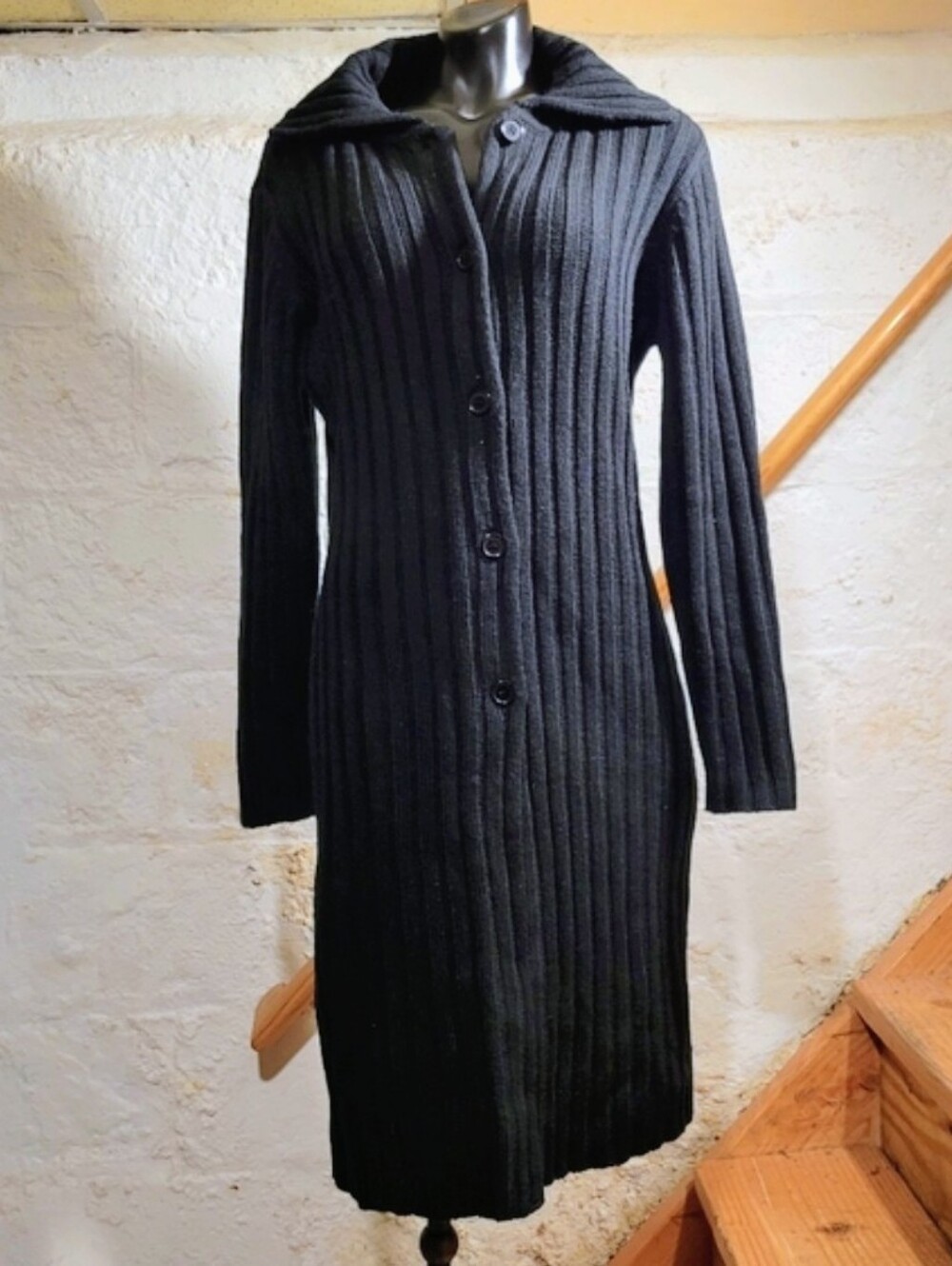 NEWPORT NEWS:JEANOLOGY Black Ribbed Button-Front Maxi Sweater Coat
